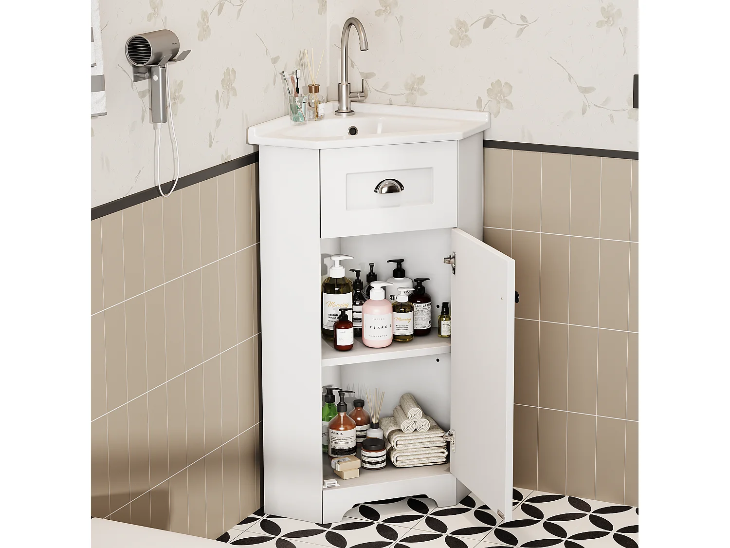 Meuble de salle de bain - avec une vasque en céramique - avec 1 porte - Blanc (robinet non inclus)