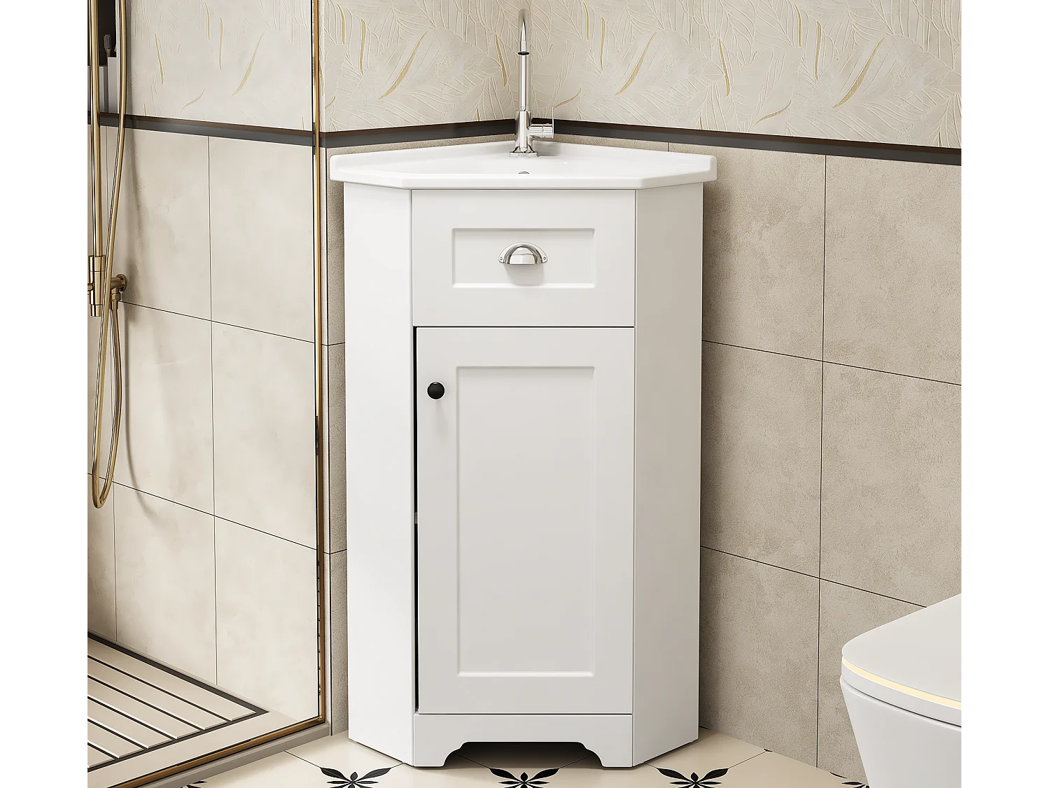 Meuble de salle de bain - avec une vasque en céramique - avec 1 porte - Blanc (robinet non inclus)