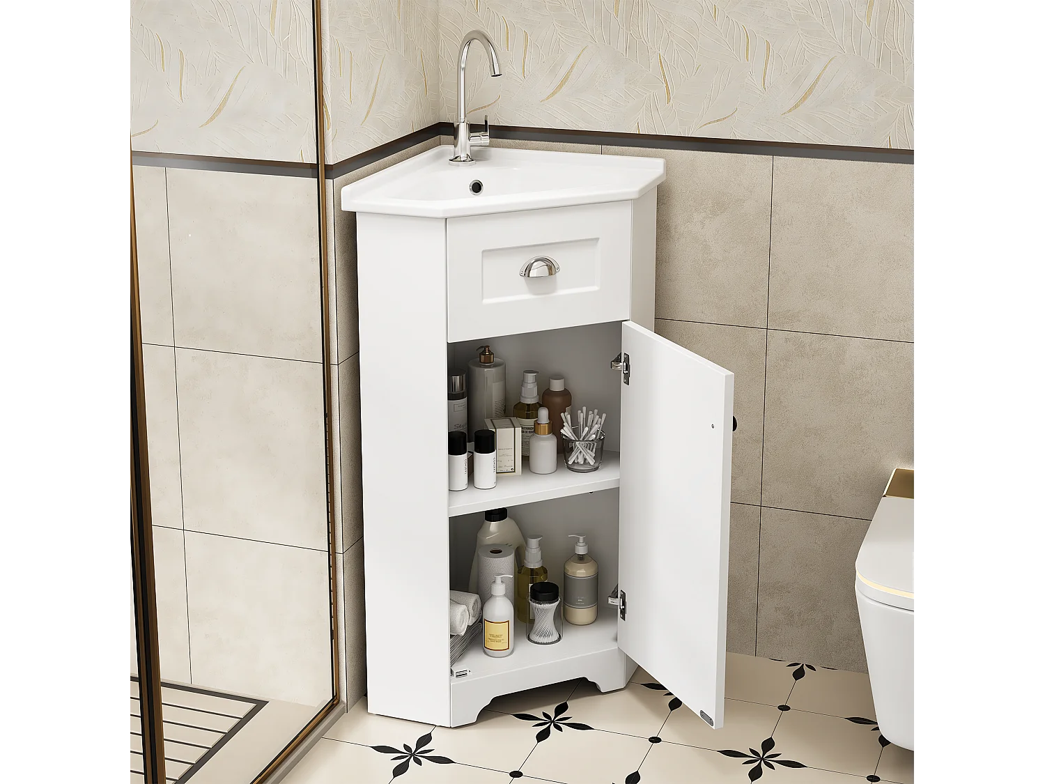 Meuble de salle de bain - avec une vasque en céramique - avec 1 porte - Blanc (robinet non inclus)