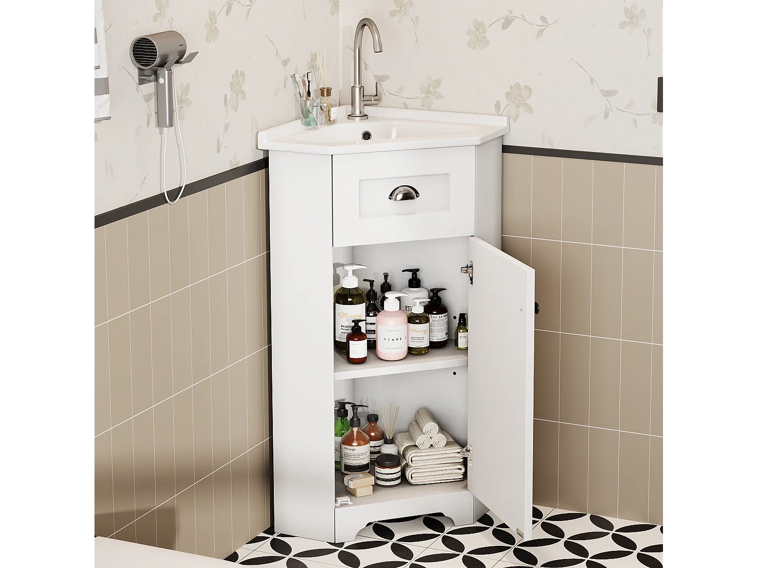 Meuble de salle de bain - avec une vasque en céramique - avec 1 porte - Blanc (robinet non inclus)