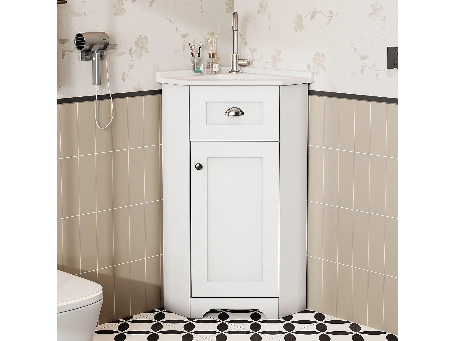 Meuble de salle de bain - avec une vasque en céramique - avec 1 porte - Blanc (robinet non inclus)