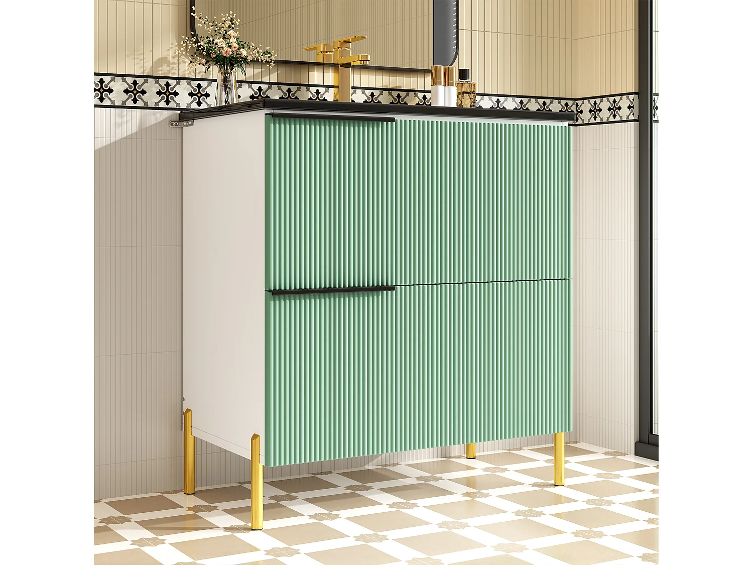 Badezimmerschrank - mit Keramikwaschbecken - mit 2 Schubladen - grün + weiß​ (Armatur nicht inbegriffen)