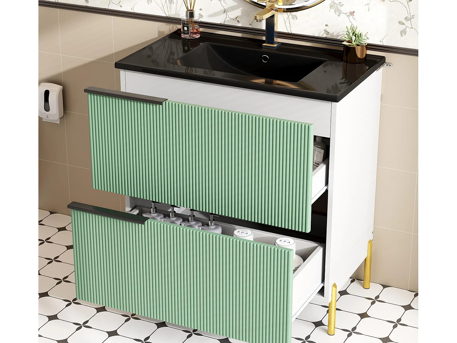 Mobile bagno - con lavabo in ceramica - con 2 cassetti - verde + bianco​ (rubinetto non incluso)