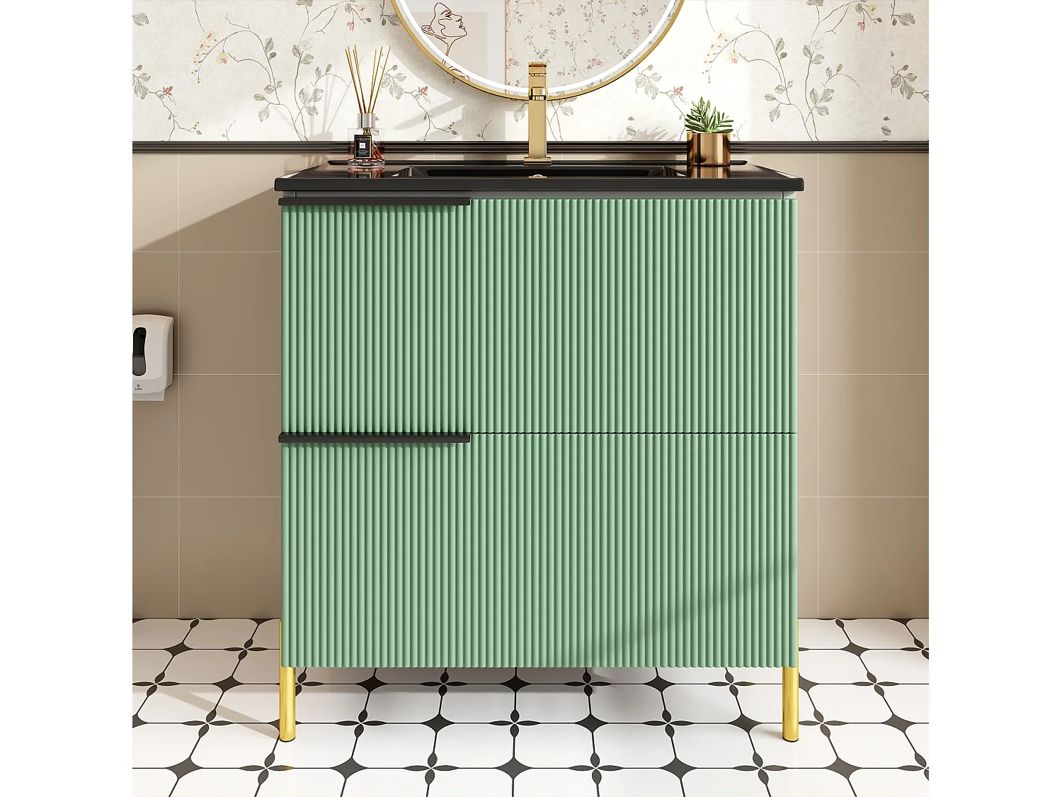 Mobile bagno - con lavabo in ceramica - con 2 cassetti - verde + bianco​ (rubinetto non incluso)
