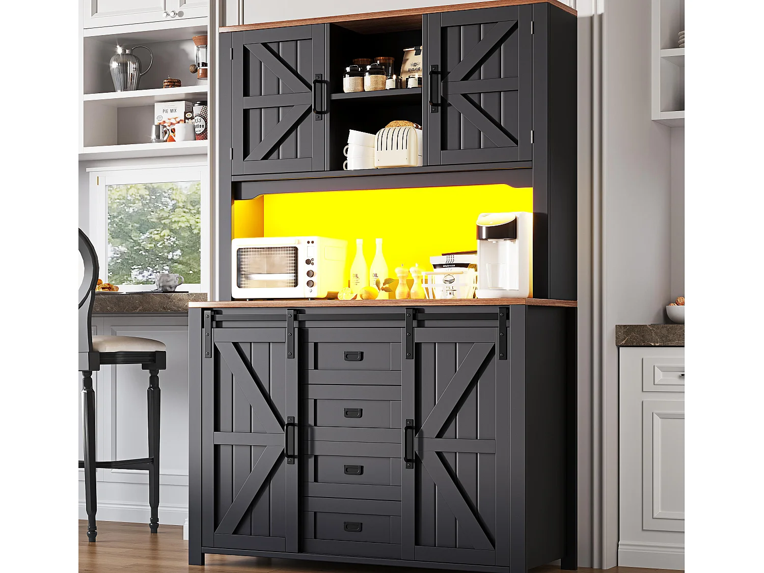 Meubles de cuisine 115x40x175 cm - avec 4 portes et 2 tiroirs - avec éclairage LED - style campagnard - noir