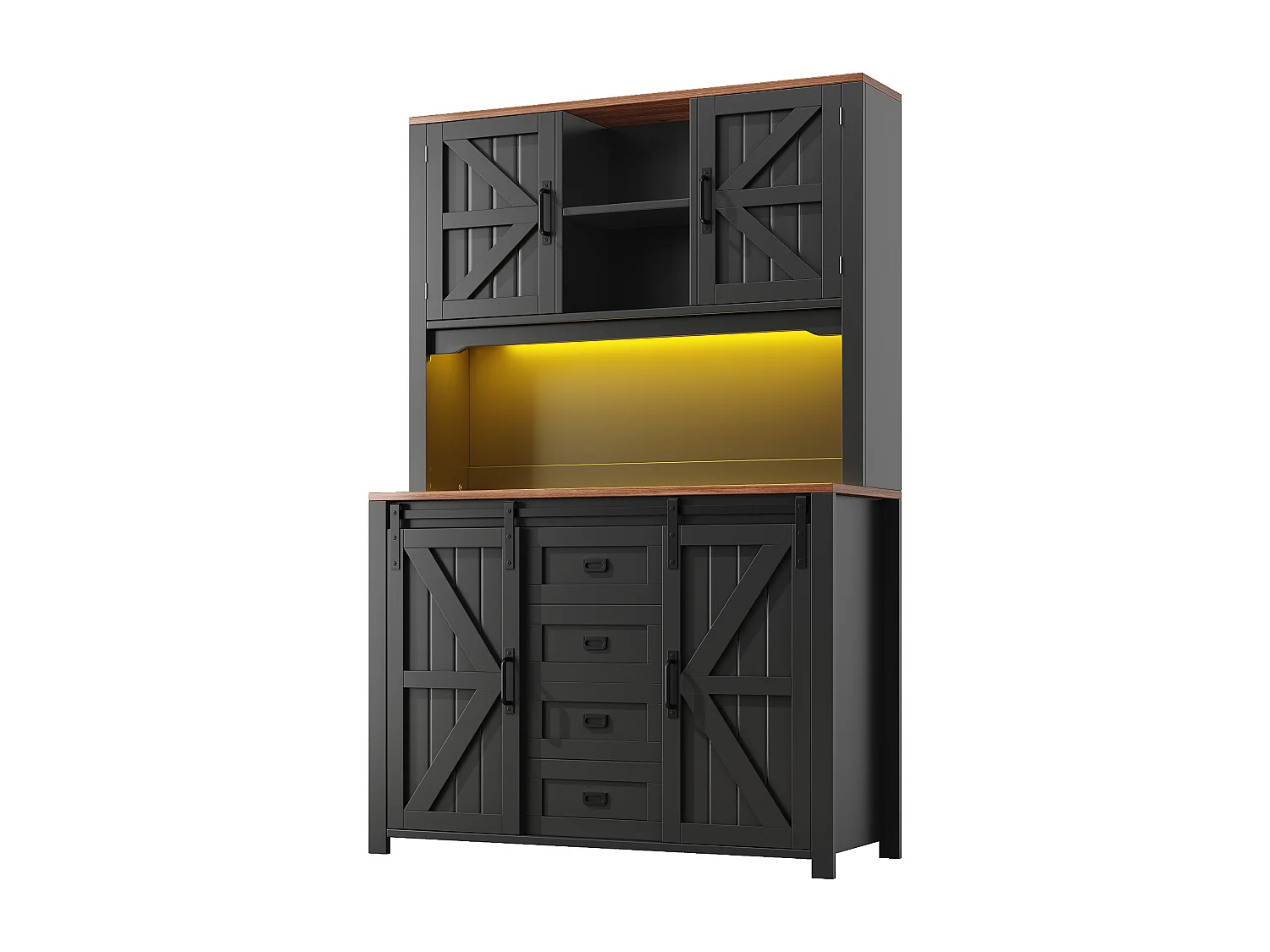 Meubles de cuisine 115x40x175 cm - avec 4 portes et 2 tiroirs - avec éclairage LED - style campagnard - noir