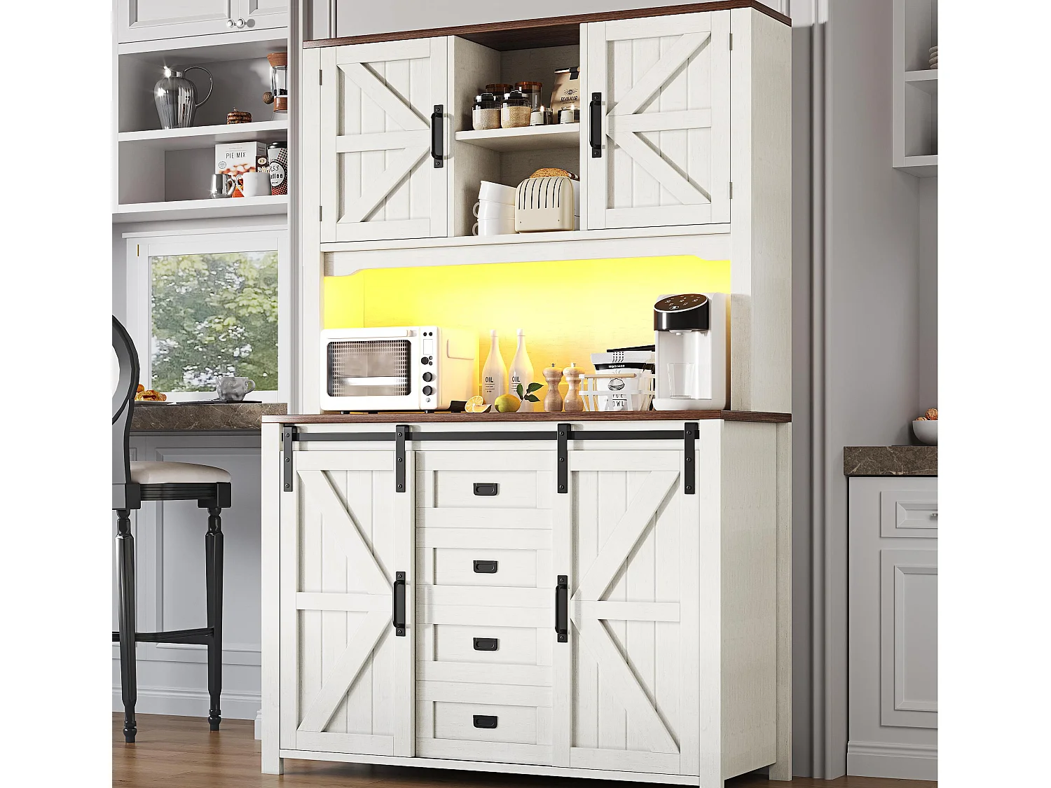 Meubles de cuisine 115x40x175 cm - avec 4 portes et 2 tiroirs - avec éclairage LED - style campagnard - blanc