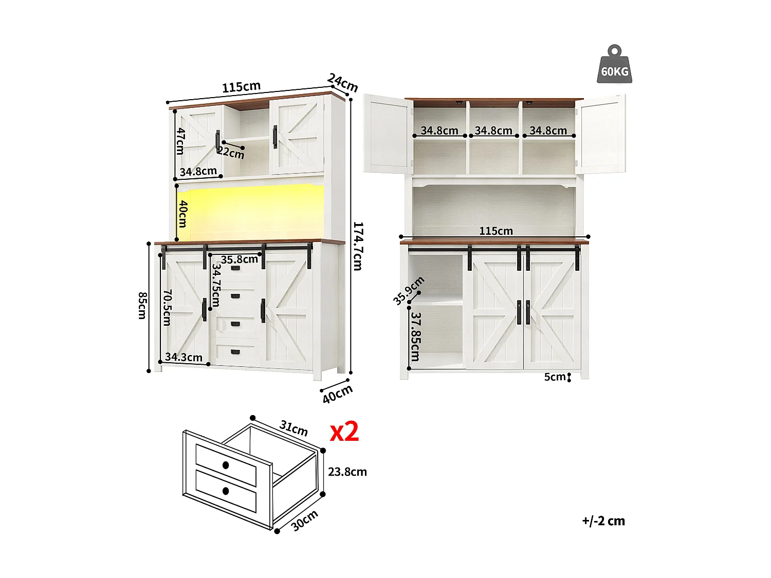 Meubles de cuisine 115x40x175 cm - avec 4 portes et 2 tiroirs - avec éclairage LED - style campagnard - blanc