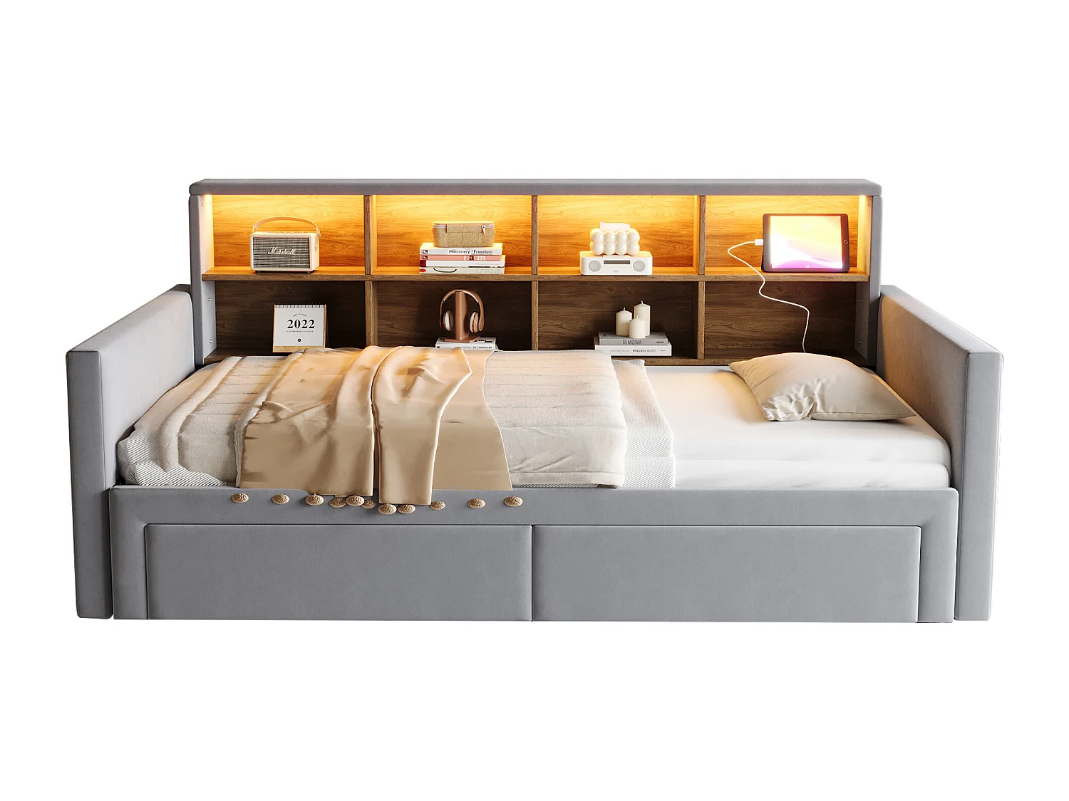 Canapé-lit capitonné 90x190 cm - Lumière LED - avec prise de charge - deux tiroirs - sommier à lattes - velours - gris foncé