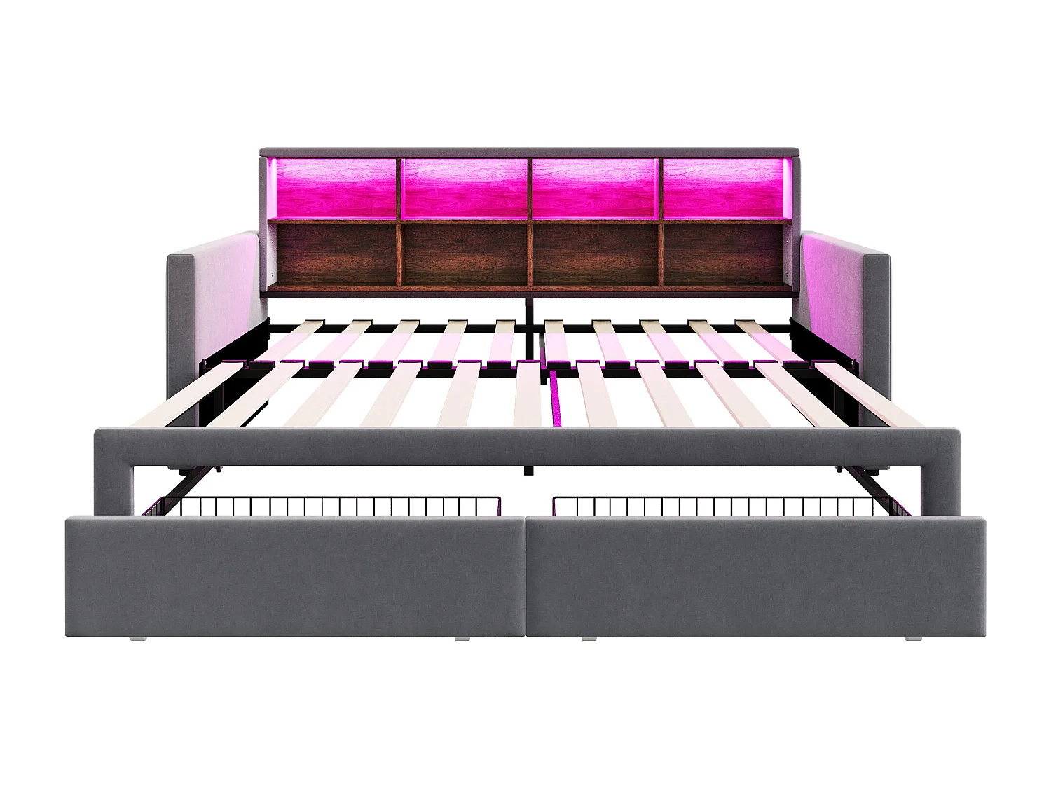 Canapé-lit capitonné 90x190 cm - Lumière LED - avec prise de charge - deux tiroirs - sommier à lattes - velours - gris foncé