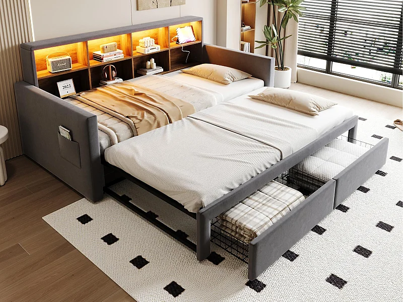 Gepolstertes Schlafsofa 90x190 cm - LED-Beleuchtung - mit Ladestation - zwei Schubladen - Lattenrost - Samt - dunkelgrau