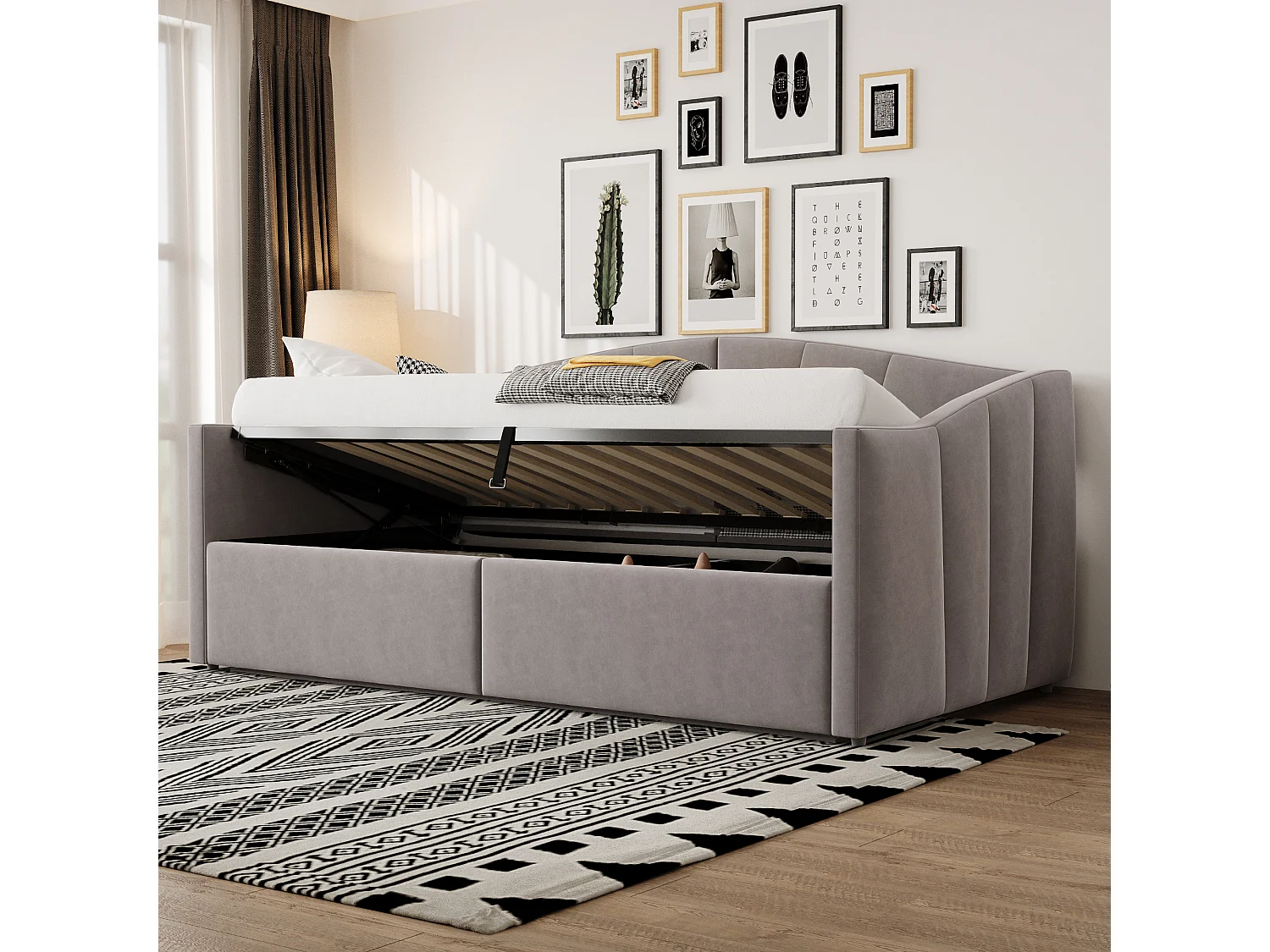 Canapé-lit coffre 90x200cm - sommier à lattes - tissu velours - gris clair (matelas non inclus)