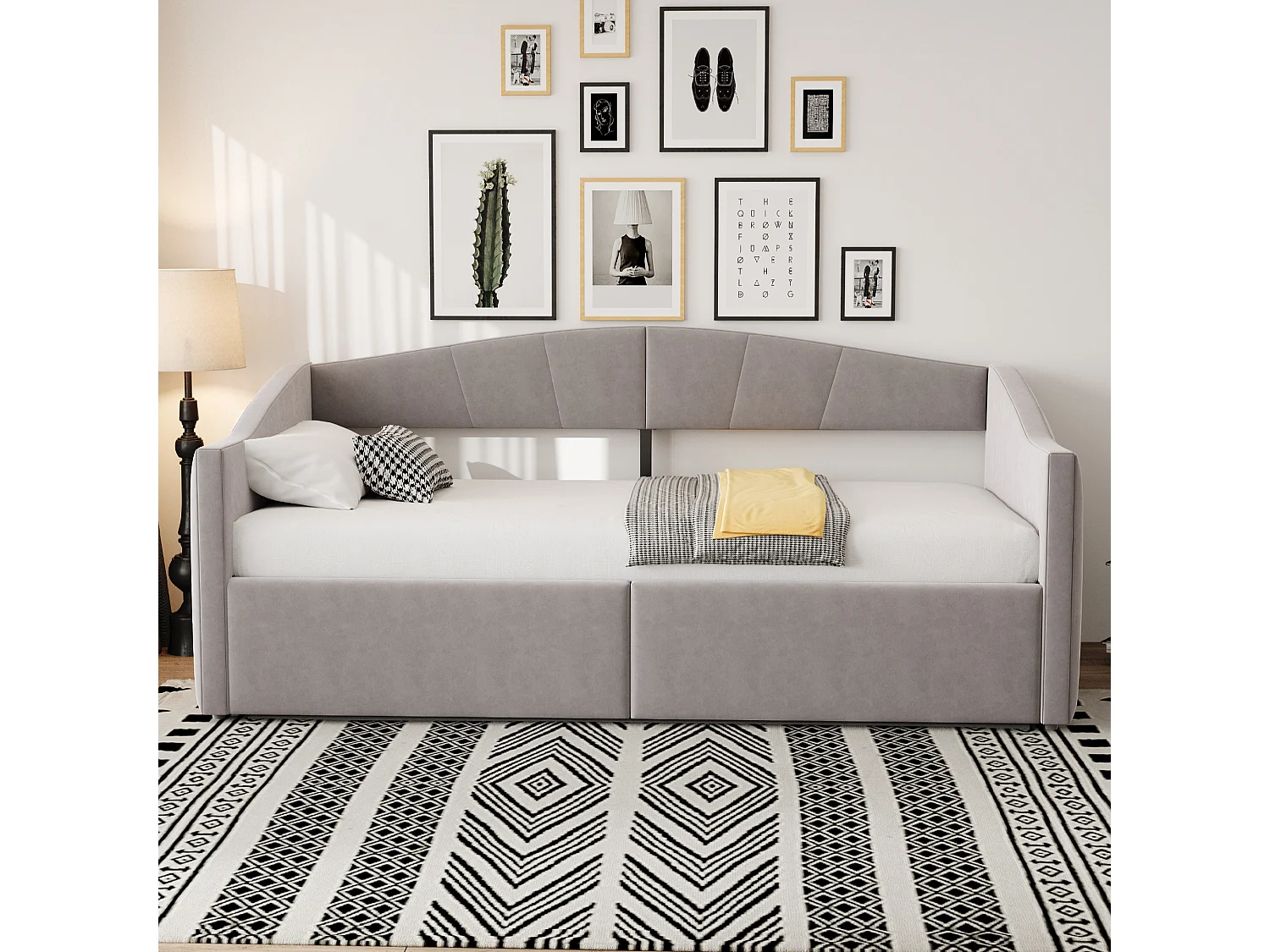 Canapé-lit coffre 90x200cm - sommier à lattes - tissu velours - gris clair (matelas non inclus)