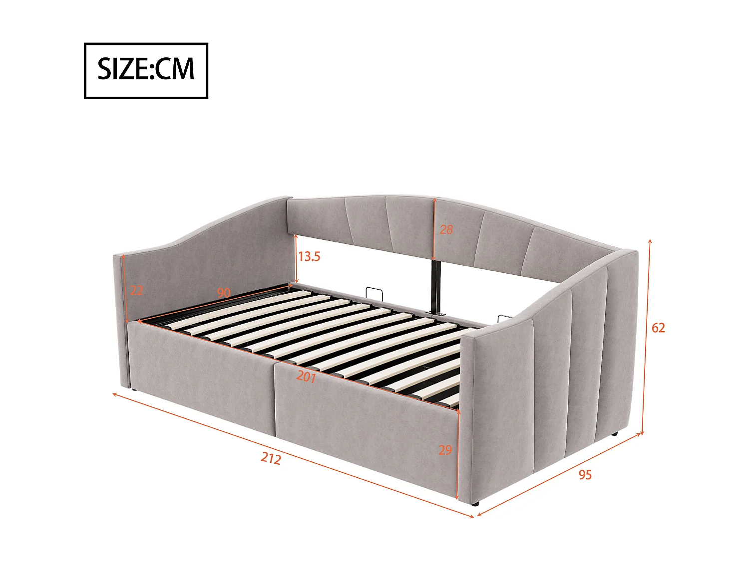 Canapé-lit coffre 90x200cm - sommier à lattes - tissu velours - gris clair (matelas non inclus)