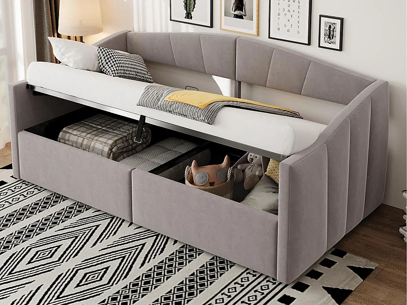 Schlafsofa mit Stauraum 90x200cm - Lattenrost - Samtstoff - hellgrau (Matratze nicht inbegriffen)