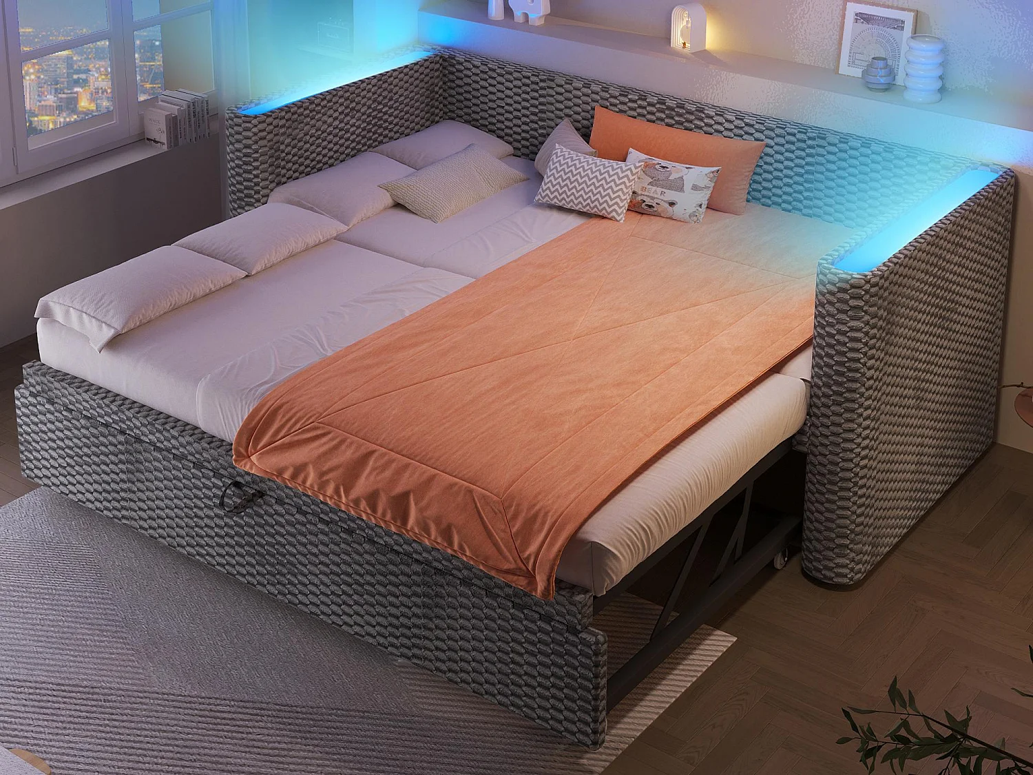 Schlafsofa 90/180x200cm - mit ausziehbares Bett - mit LED-Lichtleiste - mit Lattenrost - Samt - grau (Matratze nicht inbegriffen)