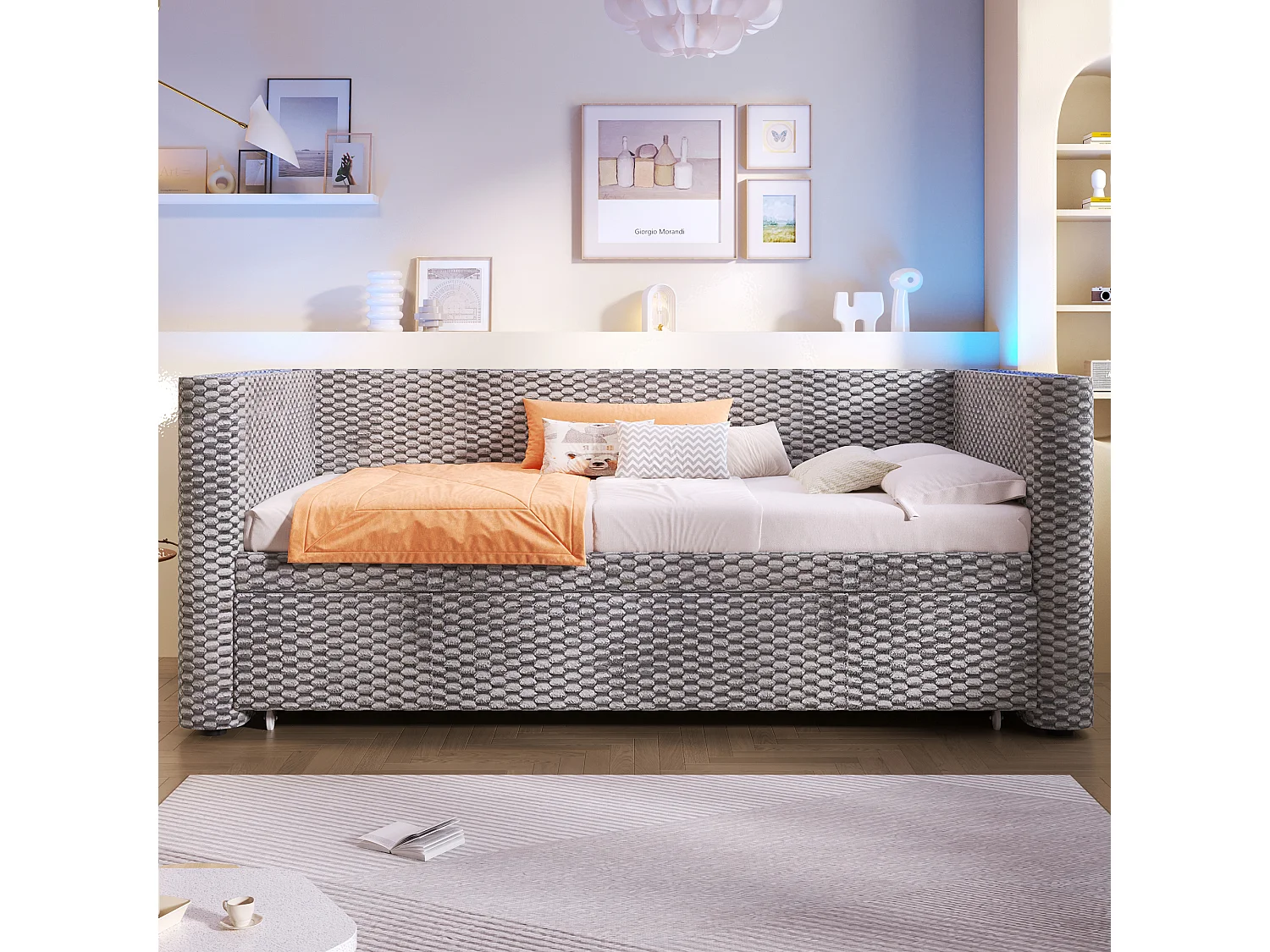 Schlafsofa 90/180x200cm - mit ausziehbares Bett - mit LED-Lichtleiste - mit Lattenrost - Samt - grau (Matratze nicht inbegriffen)
