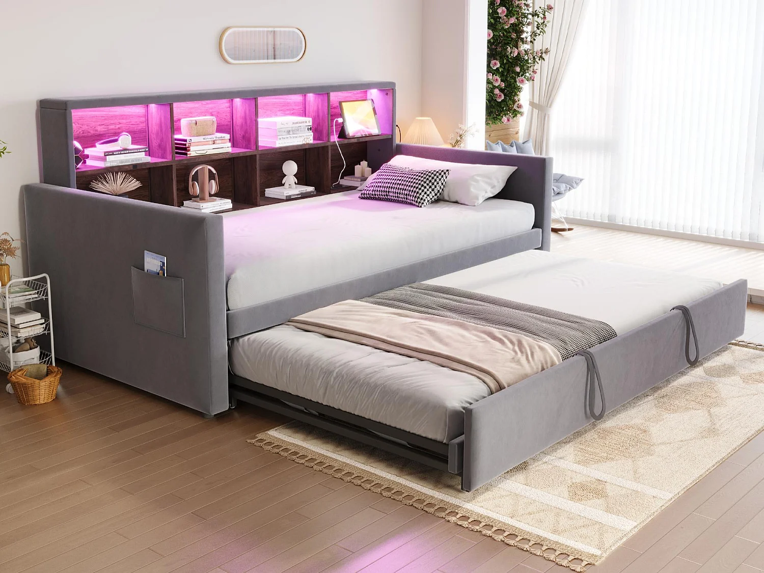 Gestoffeerde slaapbank 90x190cm - met LED-verlichting - met oplaadaansluiting - met uitschuifbaar bed - fluweel stof - Donkergrijs