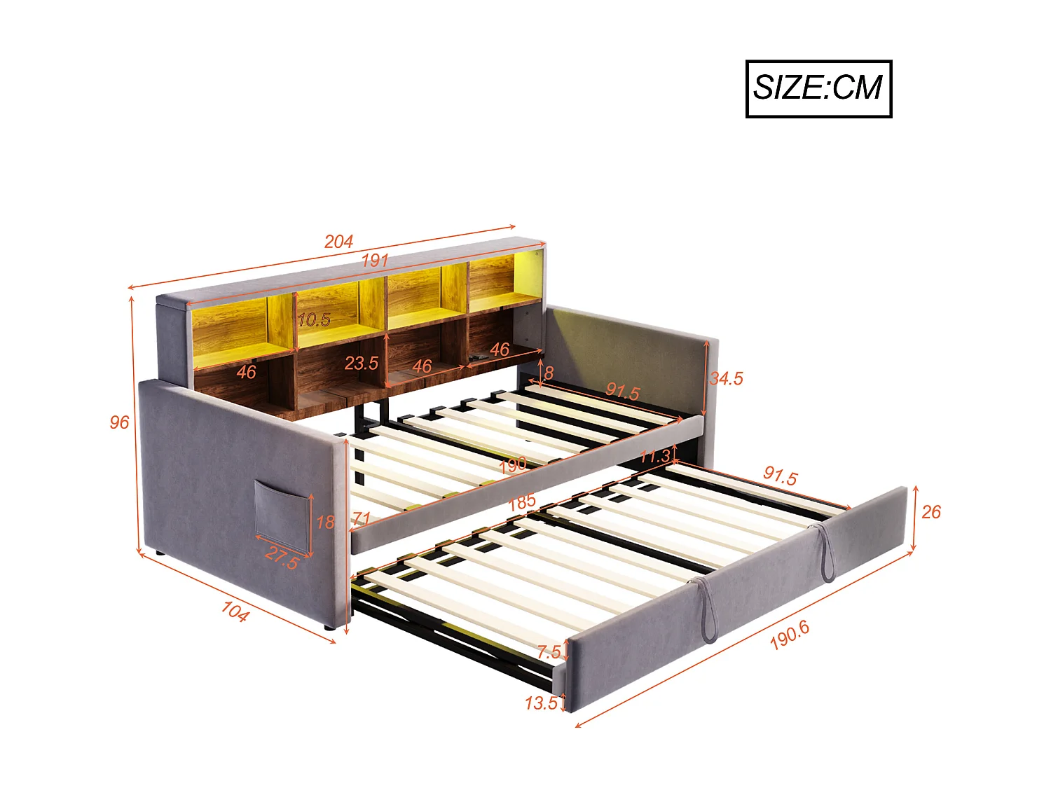 Gestoffeerde slaapbank 90x190cm - met LED-verlichting - met oplaadaansluiting - met uitschuifbaar bed - fluweel stof - Donkergrijs