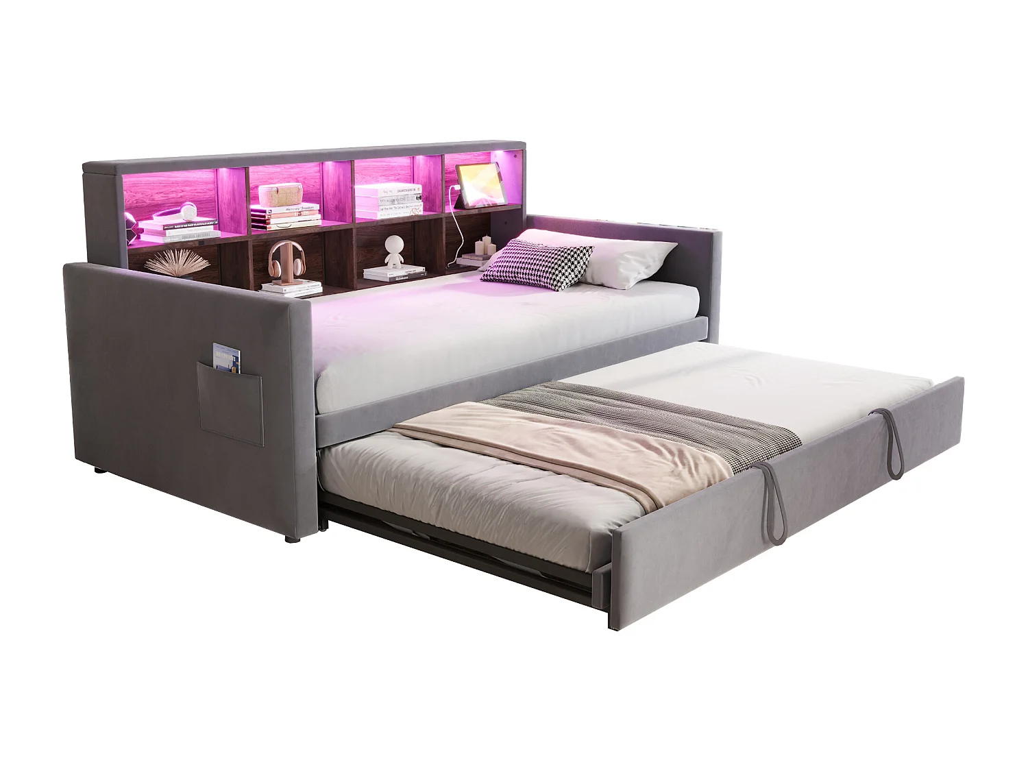 Gestoffeerde slaapbank 90x190cm - met LED-verlichting - met oplaadaansluiting - met uitschuifbaar bed - fluweel stof - Donkergrijs