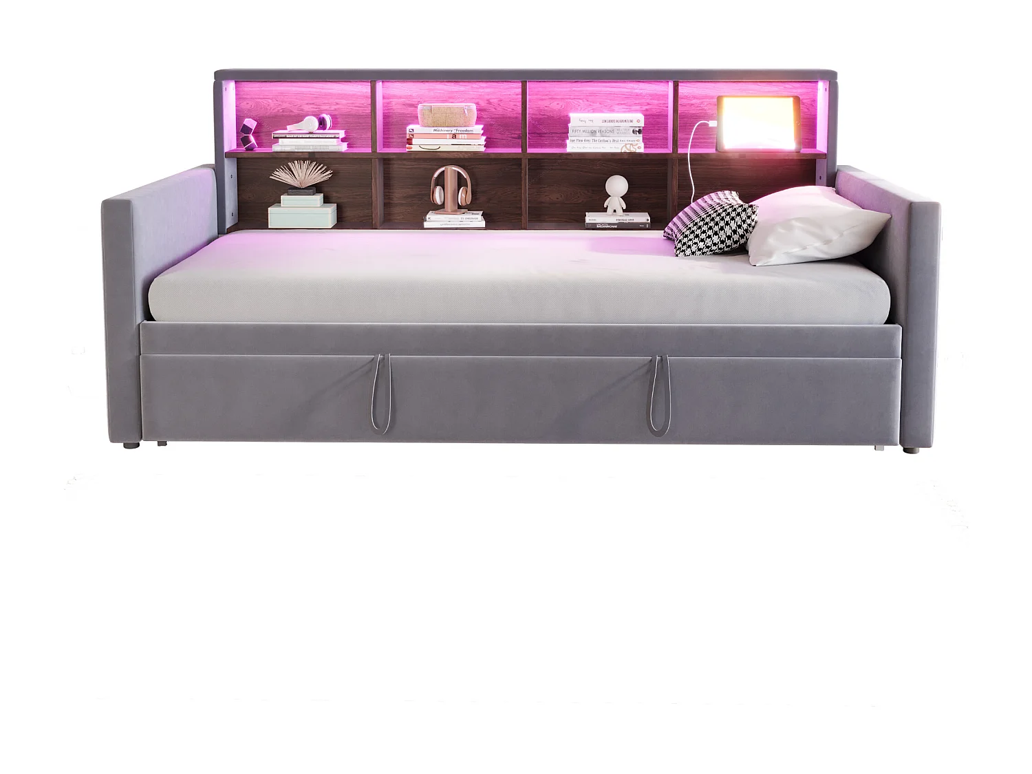 Gestoffeerde slaapbank 90x190cm - met LED-verlichting - met oplaadaansluiting - met uitschuifbaar bed - fluweel stof - Donkergrijs