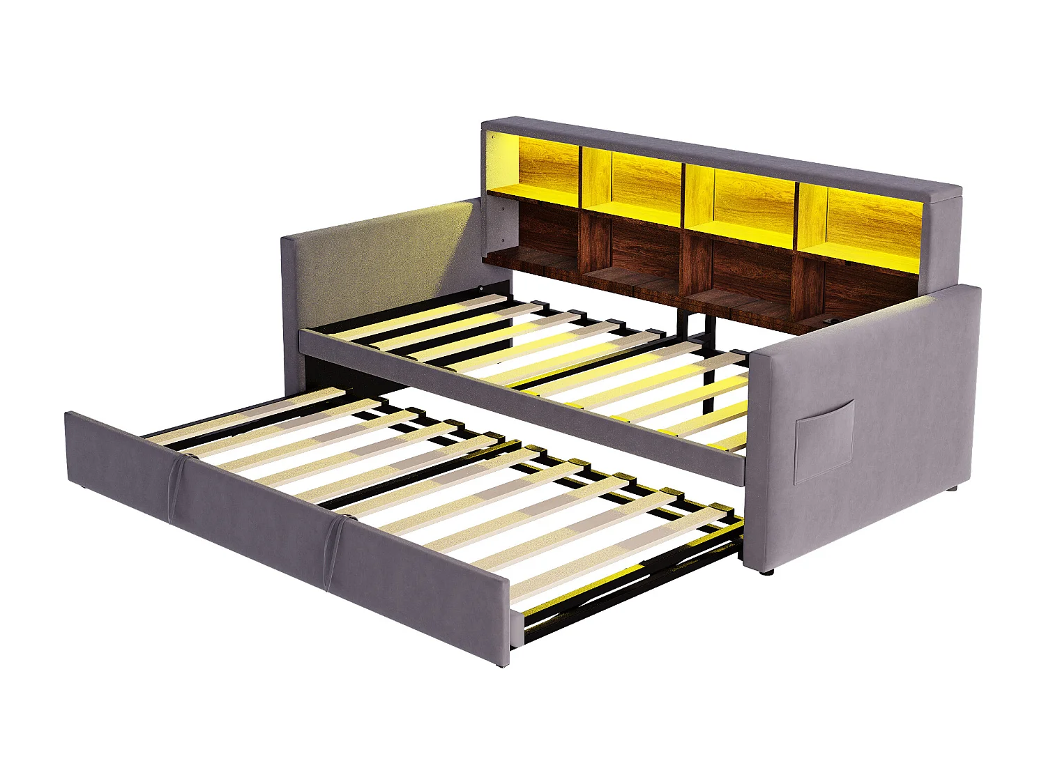 Gestoffeerde slaapbank 90x190cm - met LED-verlichting - met oplaadaansluiting - met uitschuifbaar bed - fluweel stof - Donkergrijs