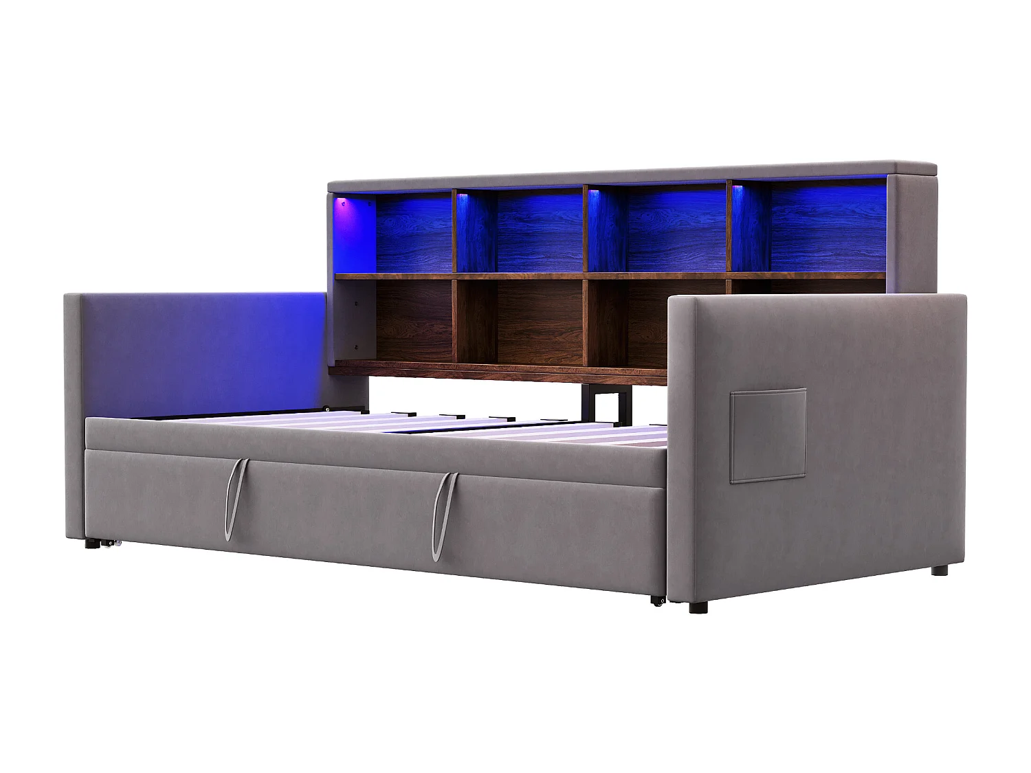 Gestoffeerde slaapbank 90x190cm - met LED-verlichting - met oplaadaansluiting - met uitschuifbaar bed - fluweel stof - Donkergrijs