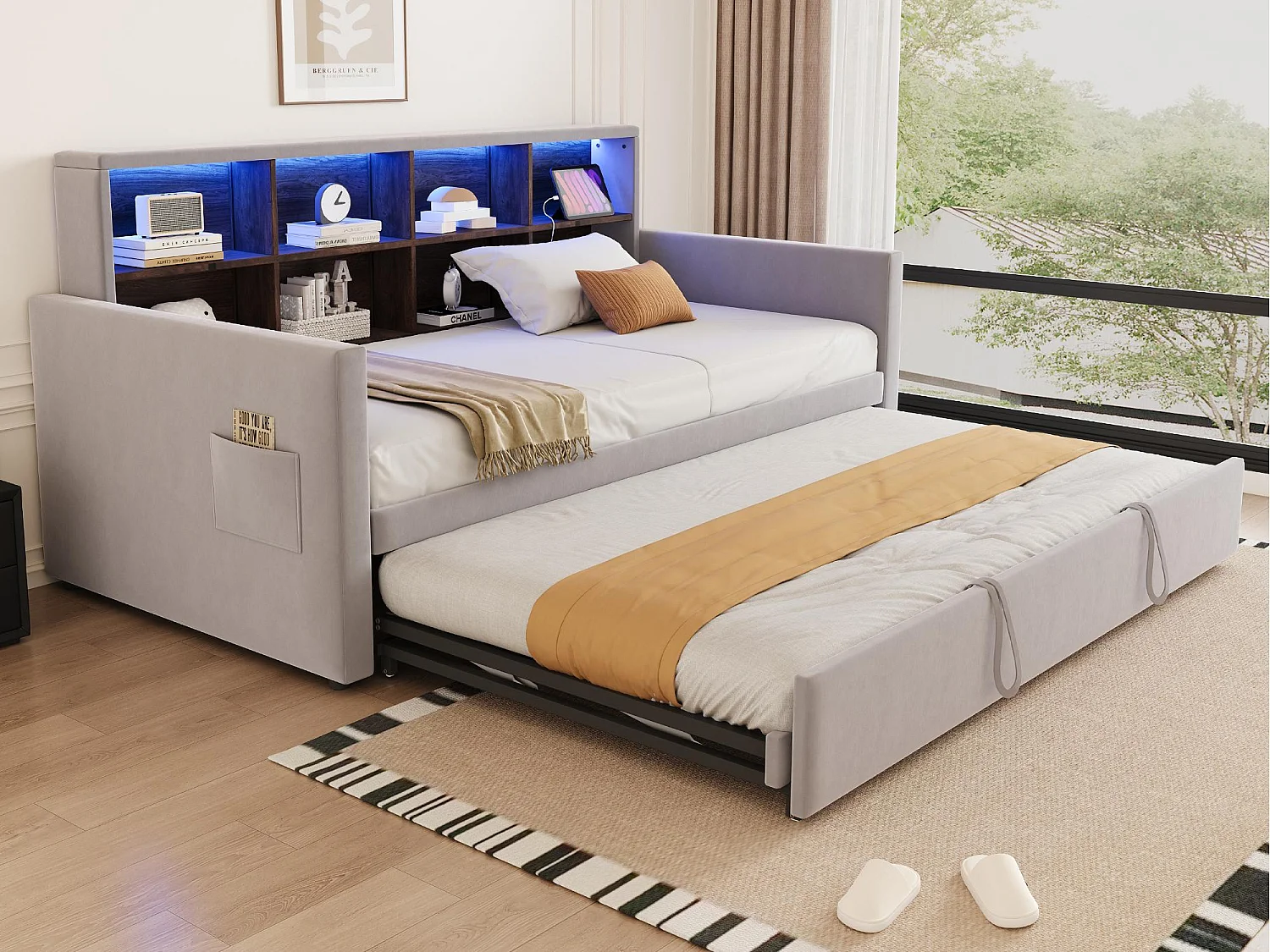 Canapé-lit capitonné 90x190cm - avec éclairage LED - avec prise de charge - avec lit gigogne - tissu velours - Gris Clair