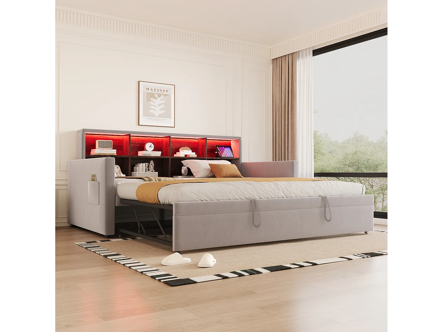 Canapé-lit capitonné 90x190cm - avec éclairage LED - avec prise de charge - avec lit gigogne - tissu velours - Gris Clair