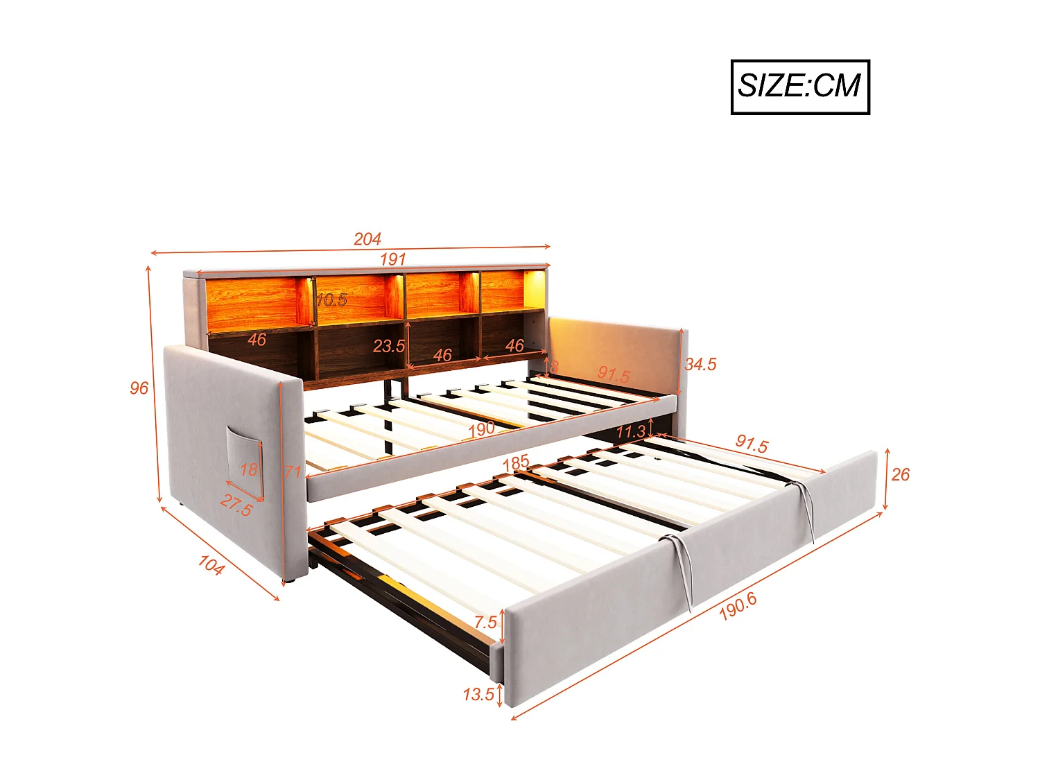 Canapé-lit capitonné 90x190cm - avec éclairage LED - avec prise de charge - avec lit gigogne - tissu velours - Gris Clair