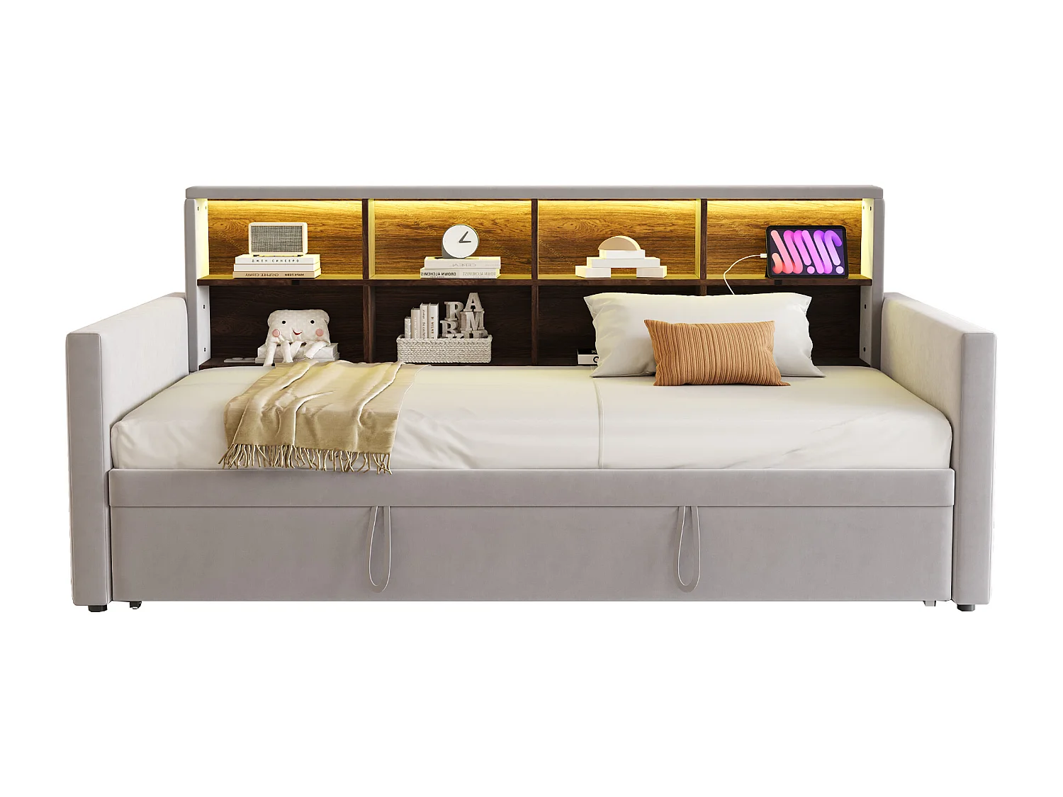 Canapé-lit capitonné 90x190cm - avec éclairage LED - avec prise de charge - avec lit gigogne - tissu velours - Gris Clair