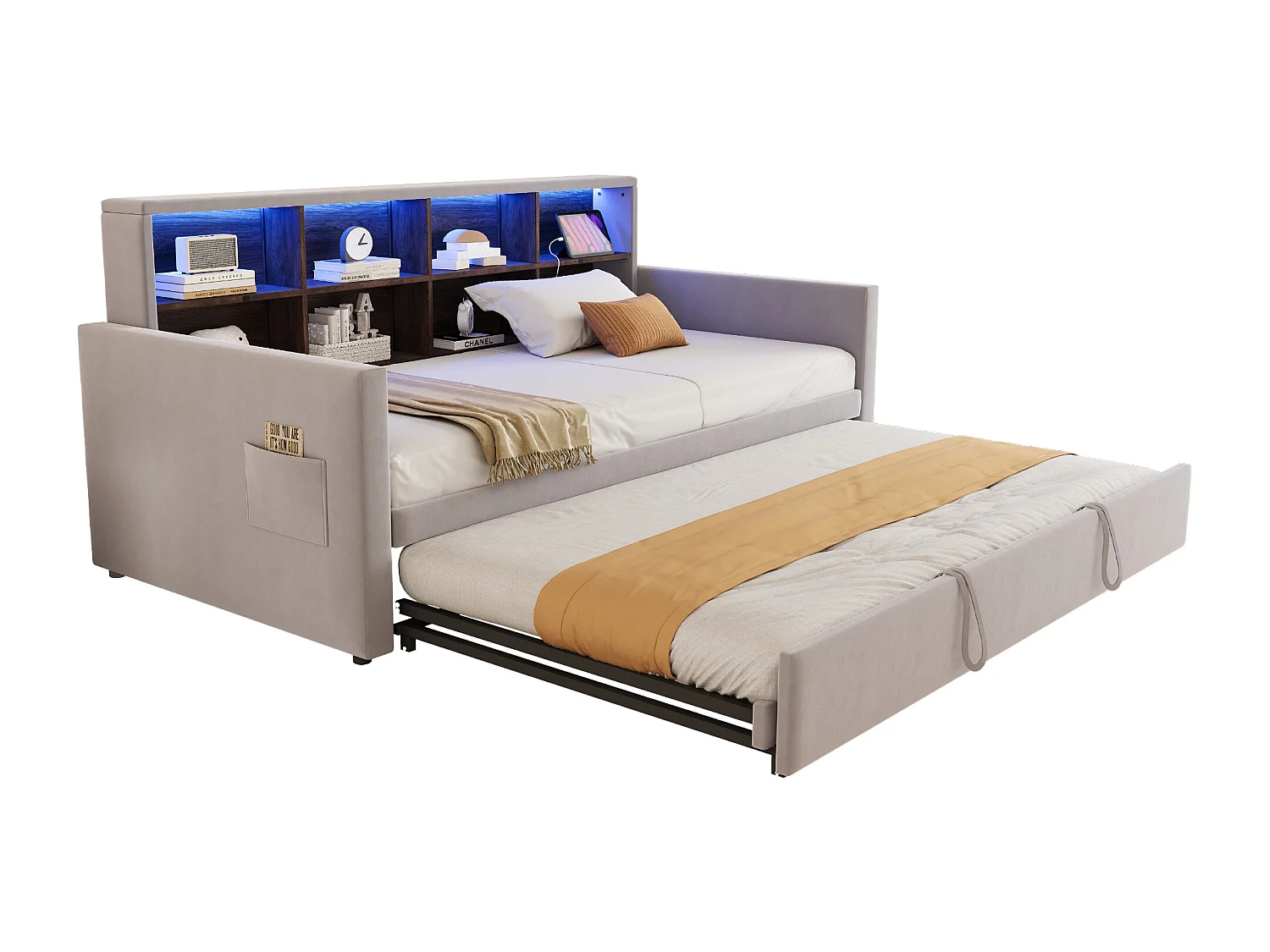 Canapé-lit capitonné 90x190cm - avec éclairage LED - avec prise de charge - avec lit gigogne - tissu velours - Gris Clair