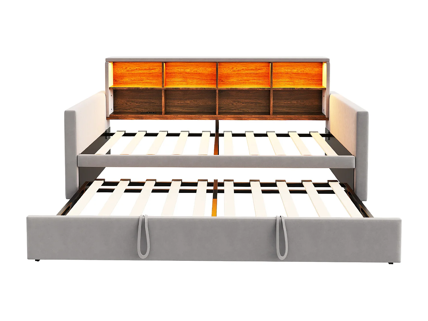 Canapé-lit capitonné 90x190cm - avec éclairage LED - avec prise de charge - avec lit gigogne - tissu velours - Gris Clair