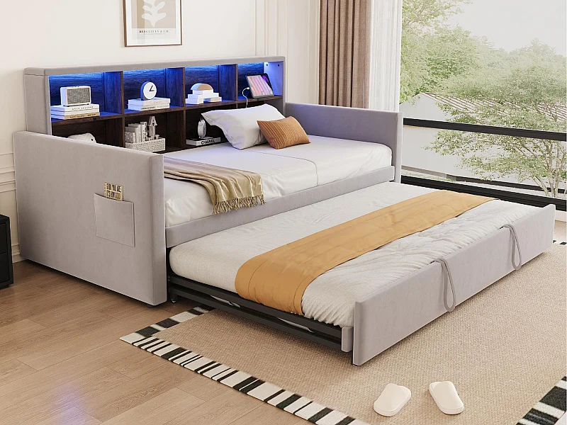 Gepolstertes Schlafsofa 90x190cm - mit LED-Beleuchtung - mit Ladestation - mit ausziehbares Bett - Samtstoff - Hellgrau