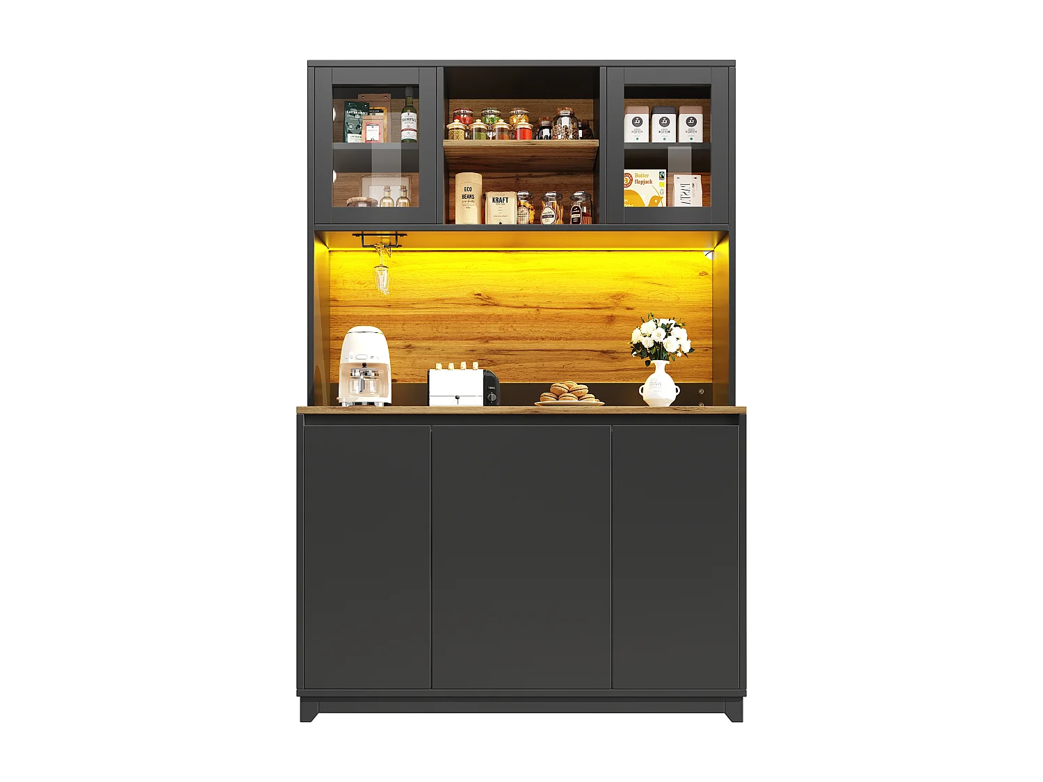 Mobili da cucina 120x40x180cm - con illuminazione LED - con 4 ante e 1 scomparto pattumiera - nero