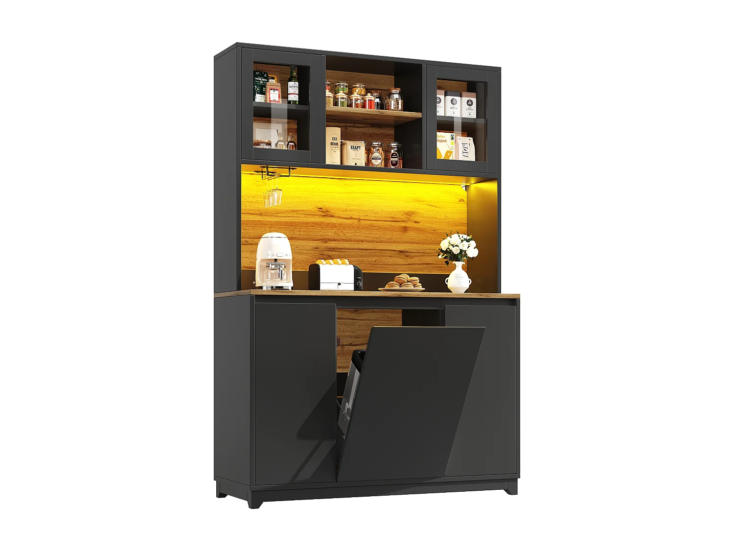 Mobili da cucina 120x40x180cm - con illuminazione LED - con 4 ante e 1 scomparto pattumiera - nero