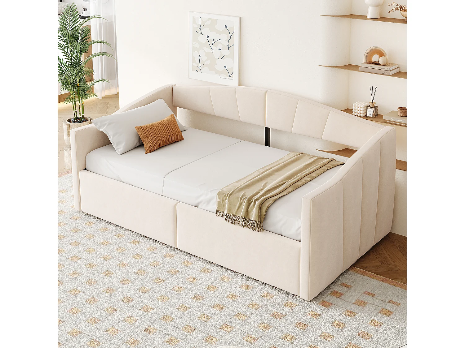 Canapé-lit coffre 90x200cm - sommier à lattes - tissu velours - beige (matelas non inclus)