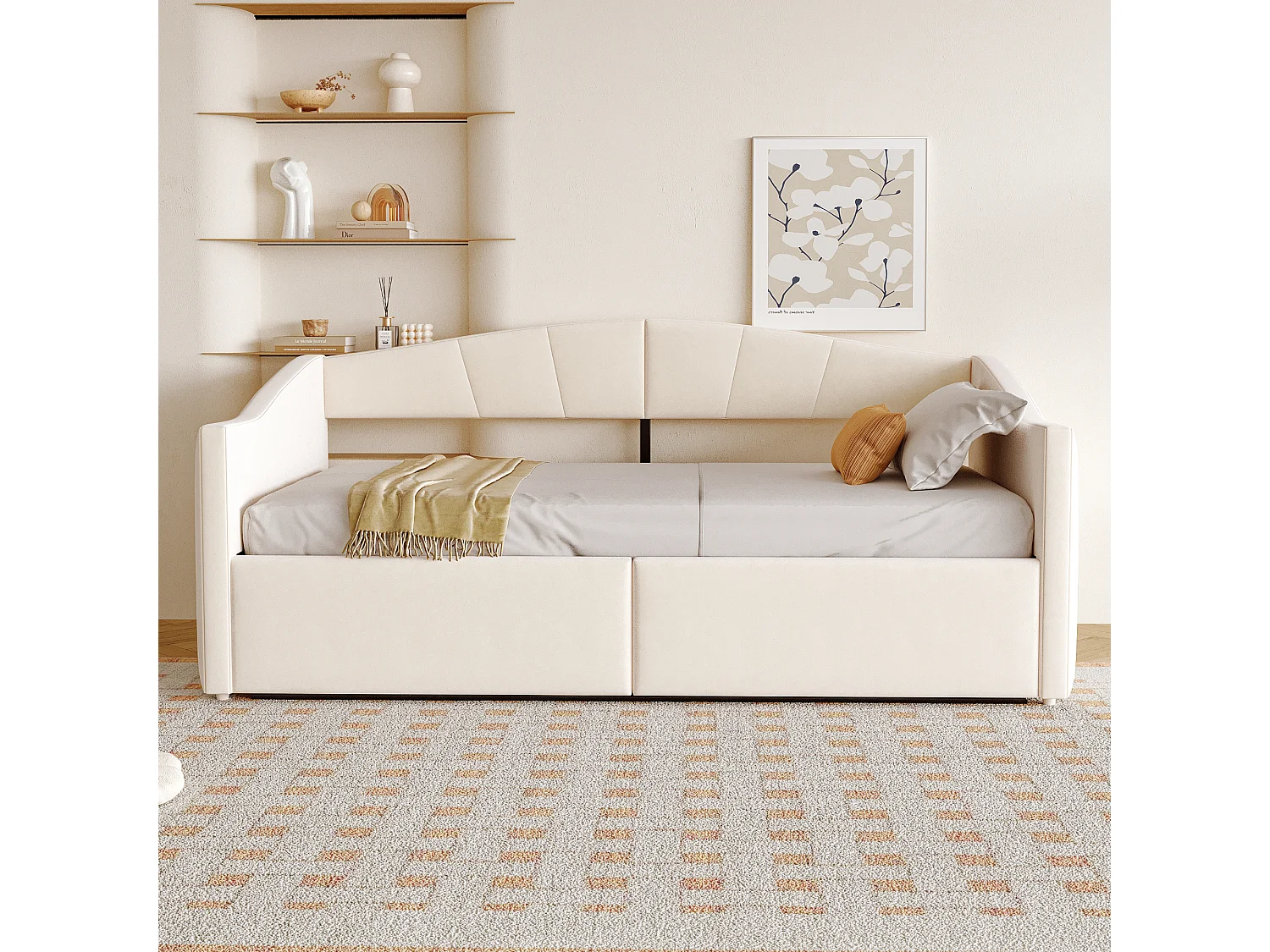 Canapé-lit coffre 90x200cm - sommier à lattes - tissu velours - beige (matelas non inclus)