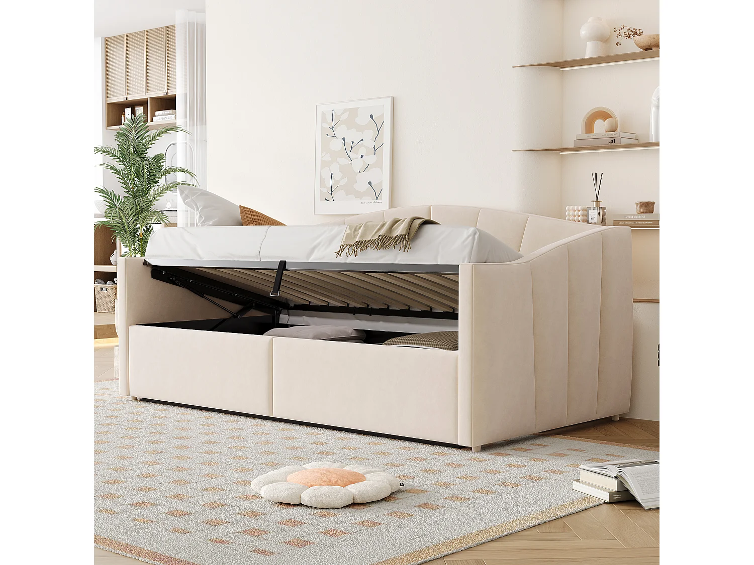 Canapé-lit coffre 90x200cm - sommier à lattes - tissu velours - beige (matelas non inclus)