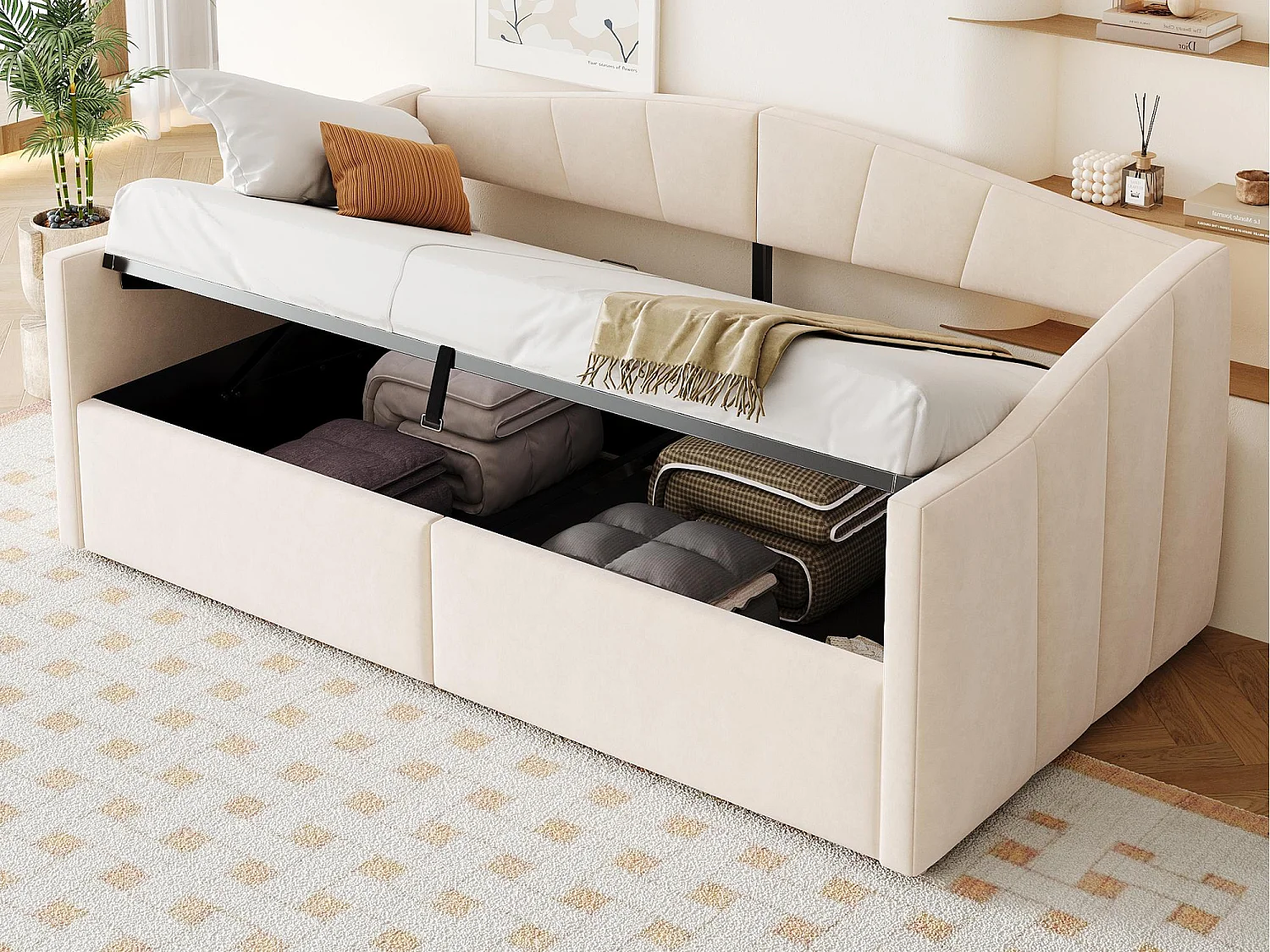 Canapé-lit coffre 90x200cm - sommier à lattes - tissu velours - beige (matelas non inclus)