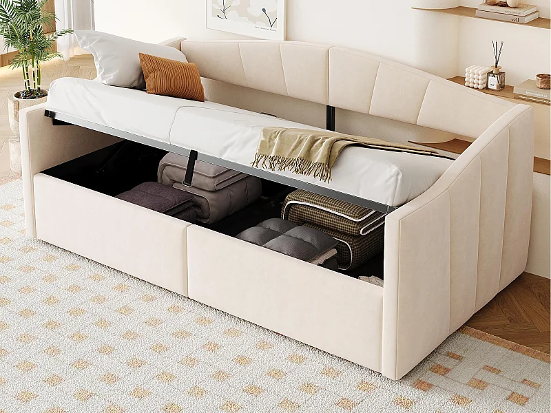 Canapé-lit coffre 90x200cm - sommier à lattes - tissu velours - beige (matelas non inclus)