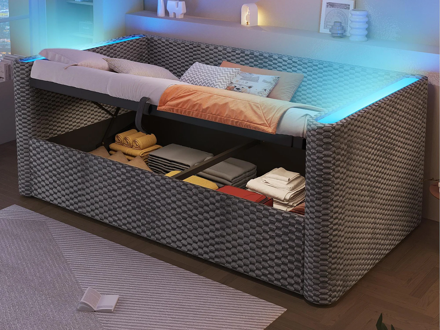 Schlafsofa mit Stauraum 90x200 cm - mit LED-Beleuchtung - Lattenrost - Samt - grau (Matratze nicht inbegriffen)