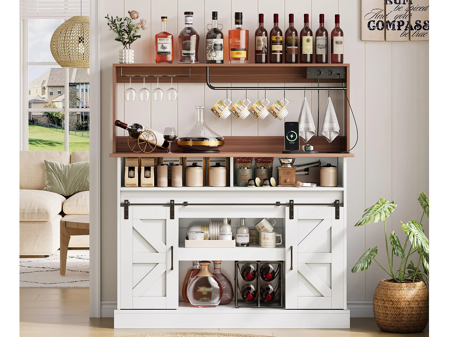 Buffet de cuisine 120x40x130cm - avec USB et prise - avec casier à vin - 2 portes coulissantes - style campagnard - Blanc