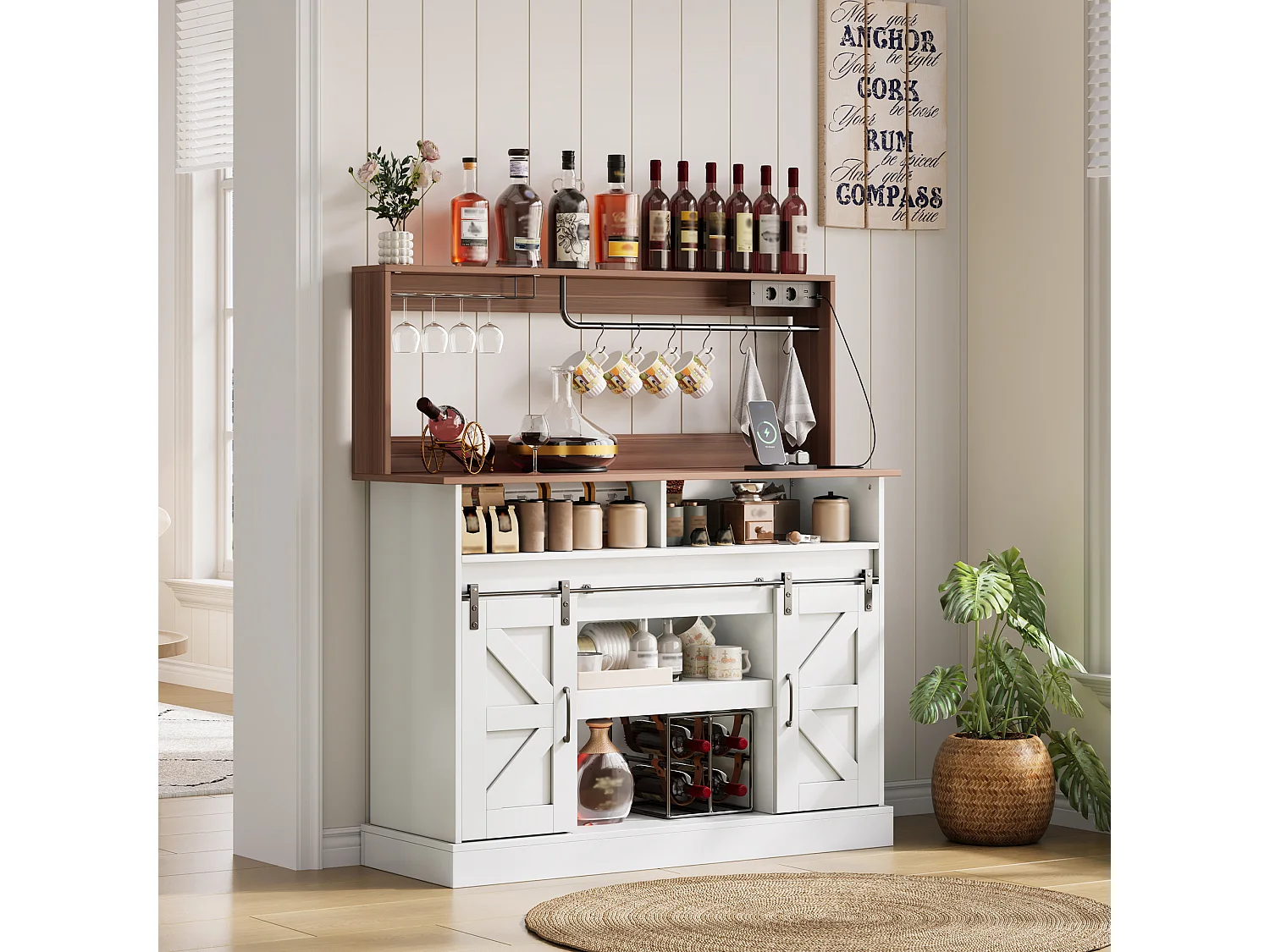 Buffet de cuisine 120x40x130cm - avec USB et prise - avec casier à vin - 2 portes coulissantes - style campagnard - Blanc