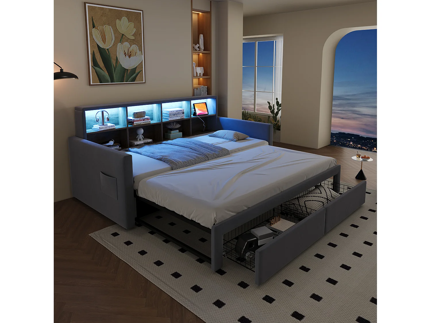 Gestoffeerde slaapbank 90x190 cm - LED-verlichting - met oplaadaansluiting - twee lades - lattenbodem - fluweel - lichtgrijs