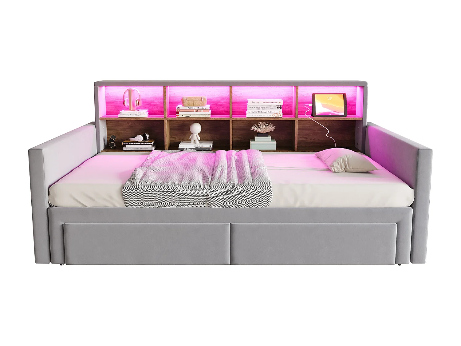 Gestoffeerde slaapbank 90x190 cm - LED-verlichting - met oplaadaansluiting - twee lades - lattenbodem - fluweel - lichtgrijs