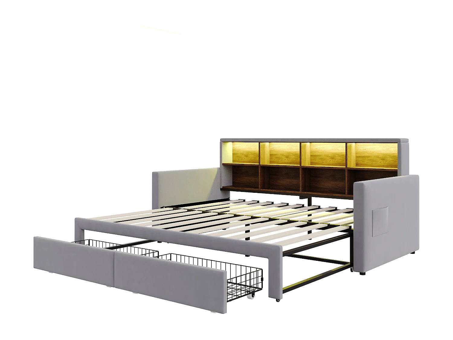 Gestoffeerde slaapbank 90x190 cm - LED-verlichting - met oplaadaansluiting - twee lades - lattenbodem - fluweel - lichtgrijs