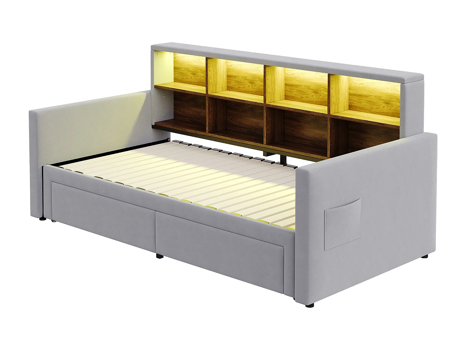 Gestoffeerde slaapbank 90x190 cm - LED-verlichting - met oplaadaansluiting - twee lades - lattenbodem - fluweel - lichtgrijs