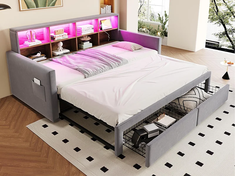 Gestoffeerde slaapbank 90x190 cm - LED-verlichting - met oplaadaansluiting - twee lades - lattenbodem - fluweel - lichtgrijs