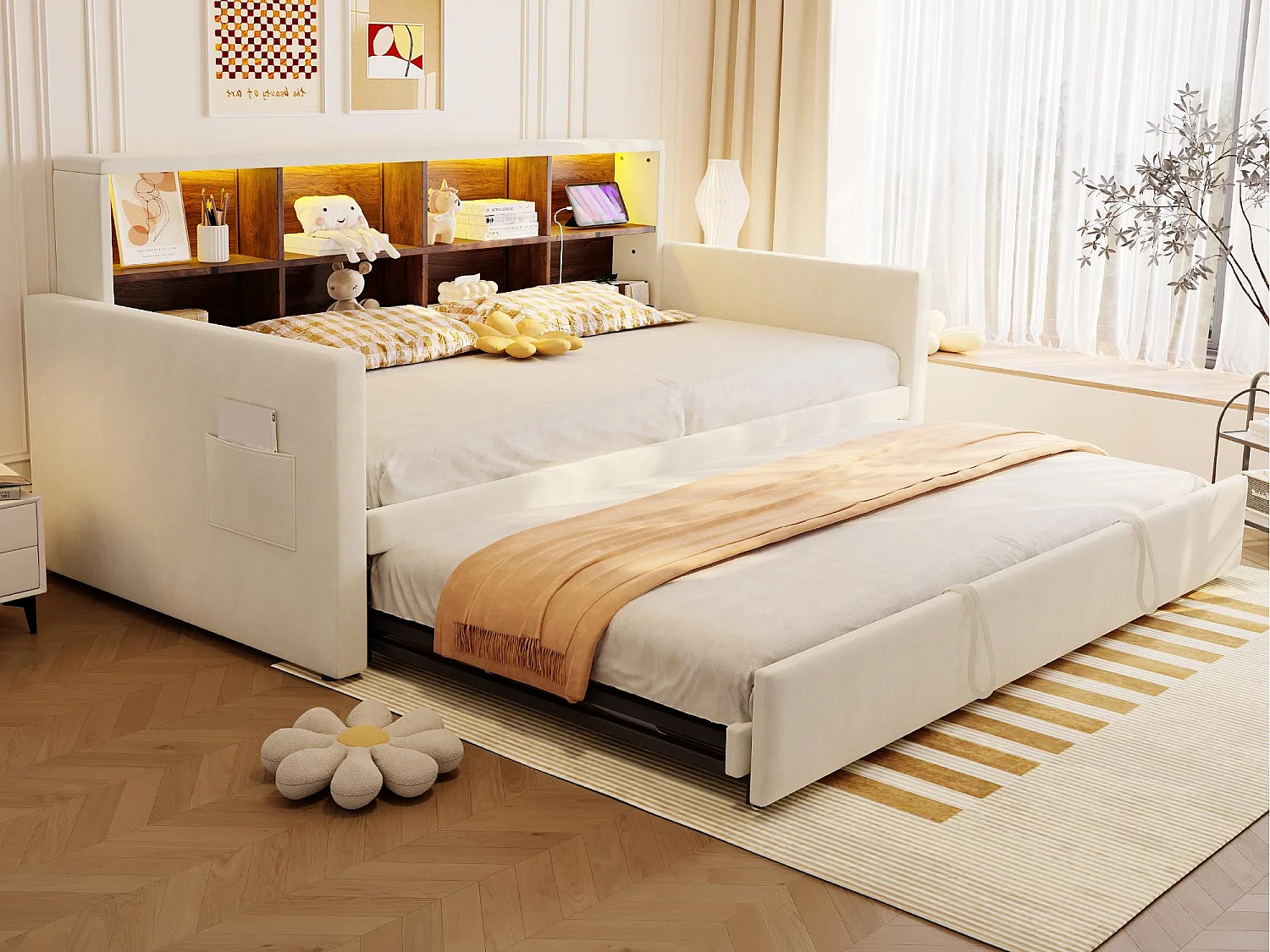 Canapé-lit capitonné 90x190cm - avec éclairage LED - avec prise de charge - avec lit gigogne - tissu velours - beige